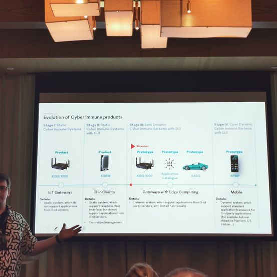 Eine Präsentation zur Entwicklung von Cyber Immune-Produkten, mit Stufen und Prototypen, wird auf einem Bildschirm angezeigt. Ein Mann steht daneben und zeigt darauf.