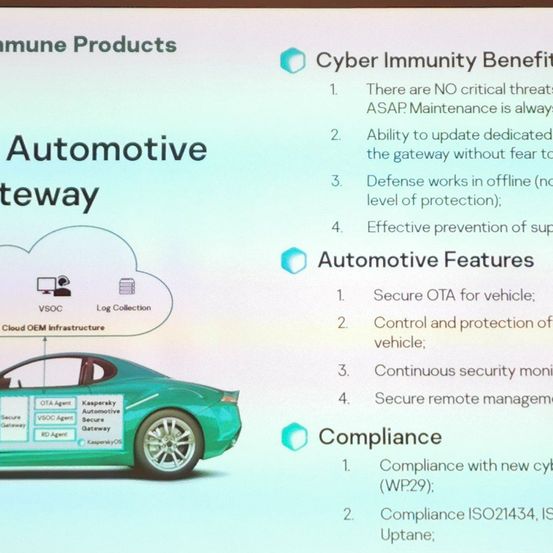 Präsentation von Immunprodukten. Vorteile der Cyber-Immunität umfassen keine kritische Bedrohung, ASAP-Wartung, Aktualisierung von Gateways, Offline-Verteidigung und sichere OTA. Automobil-Funktionen beinhalten sichere Steuerung, kontinuierliche Sicherheitsüberwachung und Compliance mit Standards.