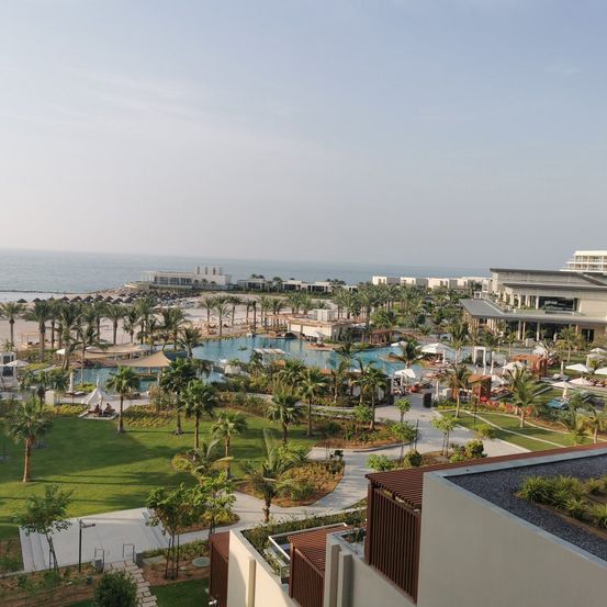 Ein Blick von oben auf ein Resort mit einem Swimmingpool, einem grünen Rasen und Palmen. Das Resort bietet einen wunderschönen Blick auf das Meer und einen klaren blauen Himmel.