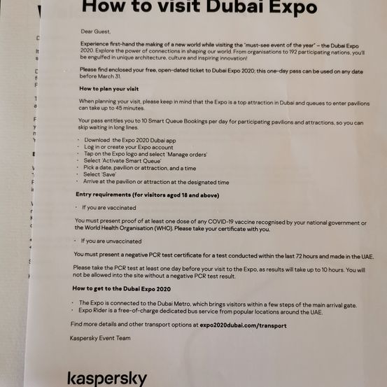 Die Einladung zum Besuch der Dubai Expo 2020 beinhaltet Details zum Besuch, Einreisebestimmungen und Transportmöglichkeiten. Die Expo bietet einen kostenlosen Busservice und eine Metroverbindung. Der Eintritt erfordert einen Impfnachweis oder einen negativen PCR-Test.