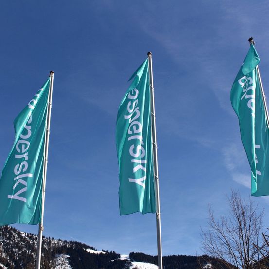Drei türkisfarbene Fahnen mit weißen Buchstaben, die 'Lyssky' lesen, flattern im Wind gegen einen klaren blauen Himmel. Hinter den Fahnen befindet sich eine schneebedeckte Berglandschaft.