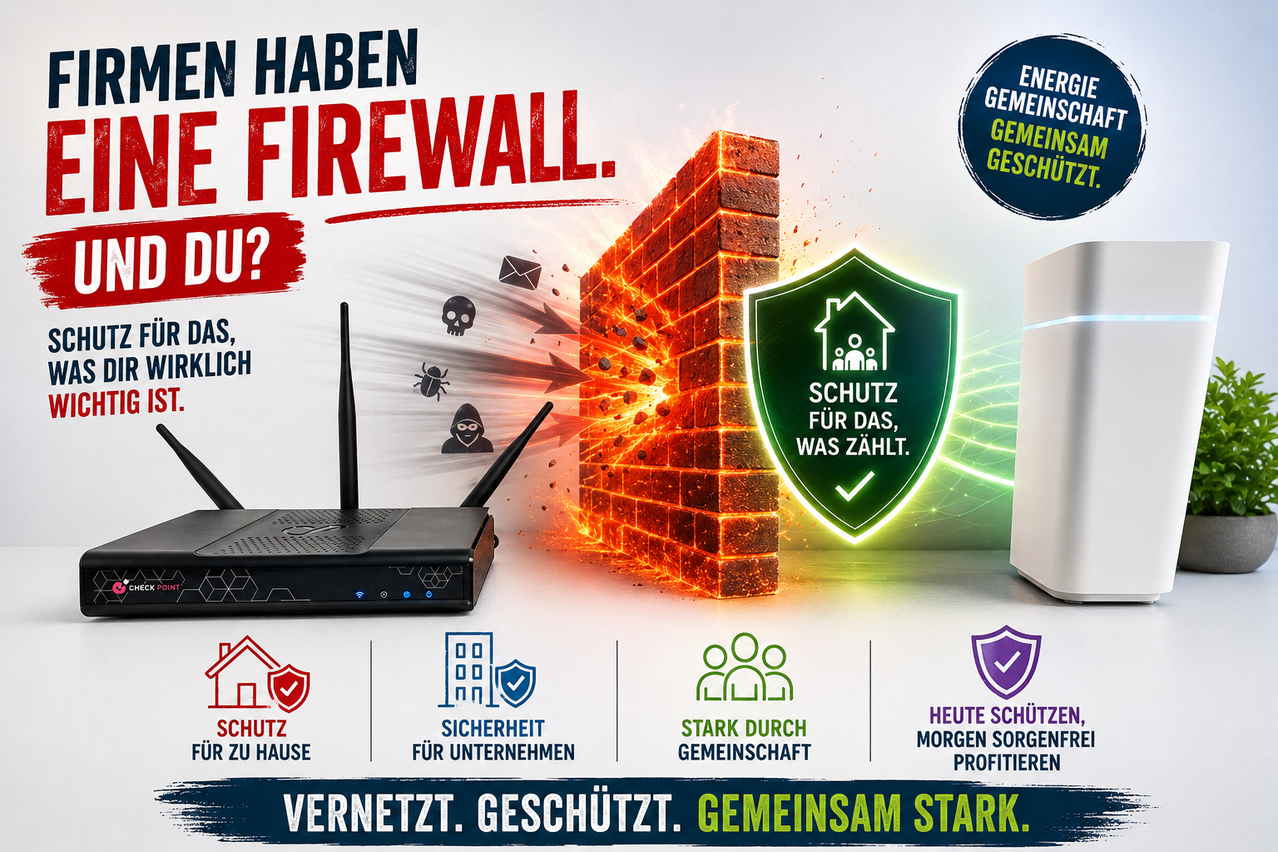Eine Werbung mit einem Firewall-Grafik, einem Router und Symbolen für Haus-, Unternehmens- und Gemeinschaftsschutz. Es betont die Bedeutung des Netzwerkschutzes und der Gemeinschaftsstärke.