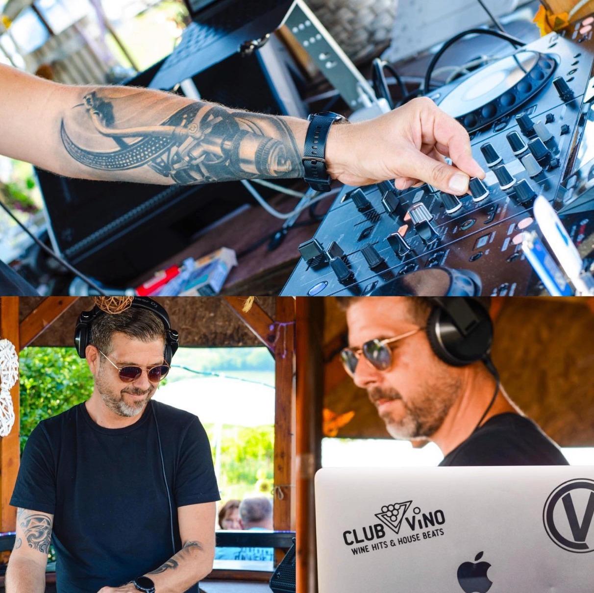 Two men wearing headphones and black t-shirts are operating DJ equipment. One man has a tattoo on his arm, and the other has a laptop with a Club Vino logo.