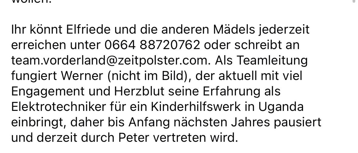 Ein Text über Elfriede, eine Freiwillige für Zeitpolster, die seit 2020 aktiv ist. Sie wurde nach einer Zeitpolster-Veranstaltung inspiriert und hat seitdem vier Teammitglieder rekrutiert, die 32 Helfer koordinieren, die 47 Menschen unterstützen. Elfriede schätzt die Flexibilität der Organisation. Kontaktieren Sie Elfriede und andere Freiwillige unter 0664 88720762.