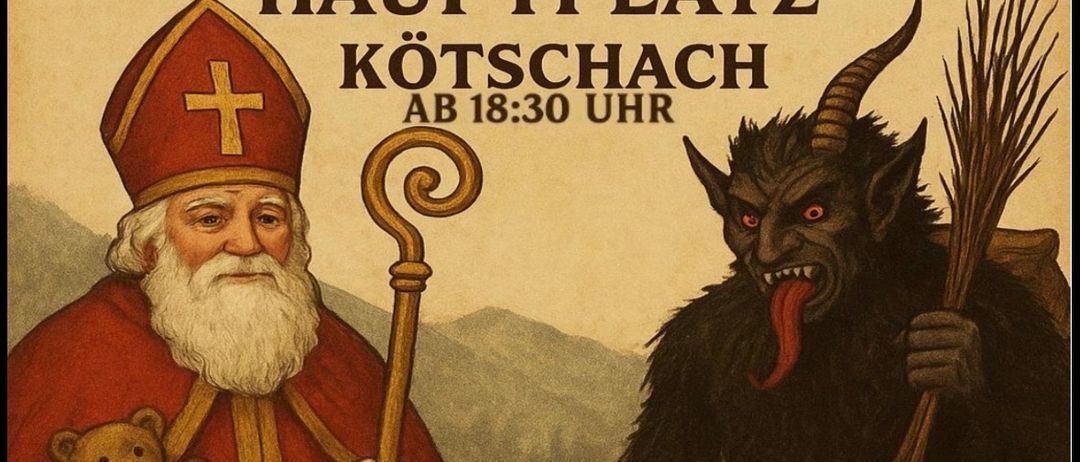 Plakat für eine Krampus-Veranstaltung. Es zeigt eine Figur des Weihnachtsmanns mit rotem Hut und Bart, die einen Teddybär hält, neben einer Krampus-Figur mit Hörnern und roter Zunge. Die Veranstaltung findet am 5. Dezember 2025 um 18:30 Uhr in Kötschach statt.