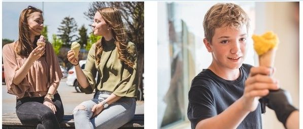 Eine Collage von Bildern, die verschiedene Menschen beim Genuss von Eis in unterschiedlichen Umgebungen zeigt, einschließlich zweier sitzender Frauen, eines Jungen mit Eis und einer Frau an einer Eisdielentheke.