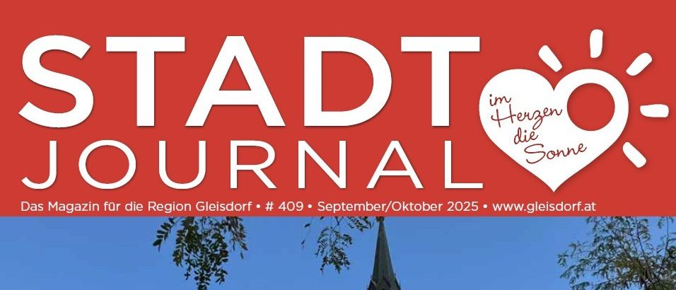 Ein Zeitschriftencover für die Stadt Journal mit einer Kirche, einer Statue und einem Feuerwehrwagen. Die Zeitschrift ist für die Region Gleisdorf, Ausgabe Nummer 409, für September/Oktober 2025.
