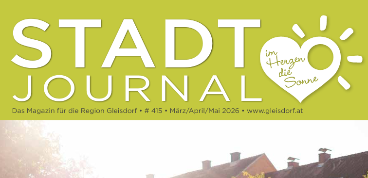 Ein Plakat für die Stadt Journal Zeitschrift. Es zeigt einen grünen Hintergrund, großen weißen Text und ein Herzsymbol mit den Worten 'im Herzen die Sonne'. Es enthält auch die Heftnummer, das Datum und die Website der Zeitschrift.