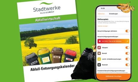 Ein Plakat mit dem Logo von Stadtwerke Gleisdorf und einem Abfallwirtschaftskalender auf grünem Hintergrund. Ein App-Bildschirm zeigt einen gelben Abfalleimer auf grünem Hintergrund mit einer Bananenschale.