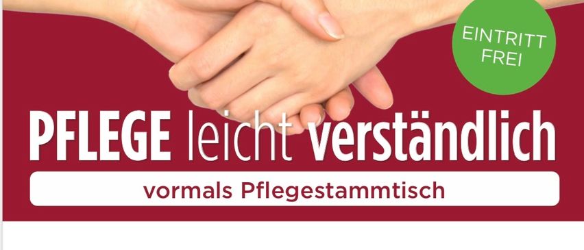 Plakat mit zwei sich schüttelnden Händen, das eine Versammlung über natürliche Heilmittel in der Pflege bewirbt. Der Titel lautet 'Pflege leicht verständlich' und enthält Informationen über einen freien Eintritt. Die Versammlung wird von Claudia Weber geleitet und konzentriert sich auf sanfte Pflege für Patienten und Pflegende.