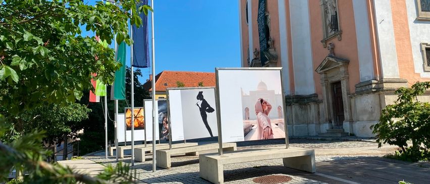 Eine Außenausstellung zeigt verschiedene Kunstwerke auf Tafeln vor einem historischen Gebäude mit Flaggen und Grün.