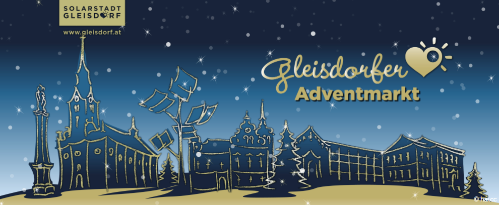 Illustration einer Winterstadt mit Kirche, Gebäuden und Bäumen. Ein goldenes Herz ist über dem Text 'Gleisdorfer Adventmarkt'. Die Website 'www.gleisdorf.at' befindet sich oben links.