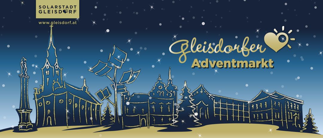Eine festliche Illustration mit 'Gleisdo Adventure' in Gold auf blauem Hintergrund. Das Bild zeigt eine verschneite Stadt mit Gebäuden, Bäumen und Straßenlaternen.