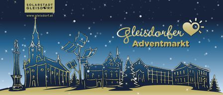 Eine festliche Illustration mit 'Gleisdo Adventure' in Gold auf blauem Hintergrund. Das Bild zeigt eine verschneite Stadt mit Gebäuden, Bäumen und Straßenlaternen.
