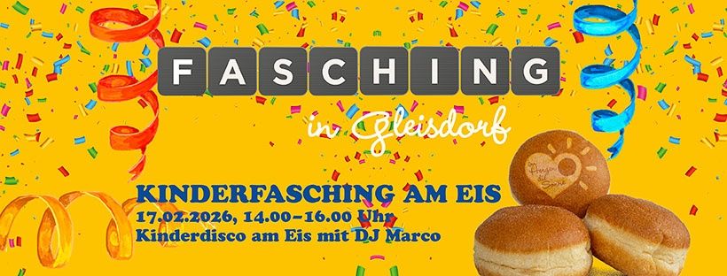 Ein Plakat, das Fasching in Gleisdorf ankündigt, mit buntem Hintergrund, drei Donuts, einem Herz mit dem Text 'Happy Fasching' und dem Datum '17.02.2026'.