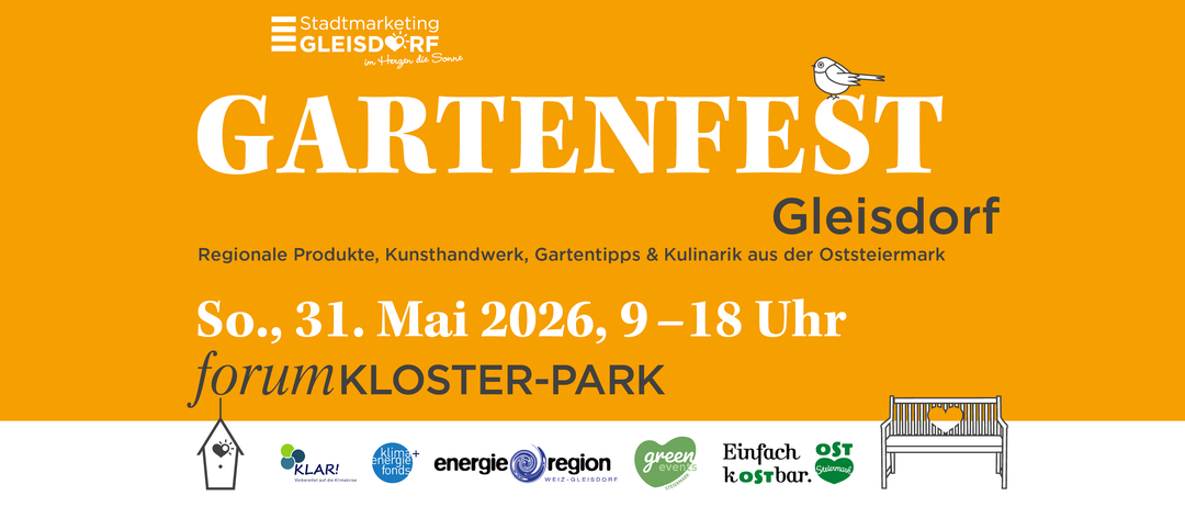 Plakat für Gartenfest mit Veranstaltungsdetails, einschließlich Datum und Uhrzeit, Veranstaltungsort und Sponsoren. Findet am 1. Mai 2026 von 9 bis 18 Uhr im Kloster-Park statt.