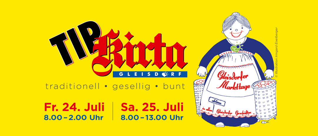Plakat für eine fröhliche Veranstaltung mit einer Cartoon-Figur auf gelbem Hintergrund. Der Text lautet 'Samstag, 25. Juli, 8:00-13:00 Uhr.'