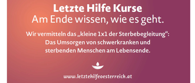 Ein Poster mit einer lächelnden älteren Frau und dem Text 'Letzte Hilfe Kurse'. Es bewirbt einen Kurs zur Sterbebegleitung am 19.10.2026 von 17:00 bis 21:00 Uhr im Servicecenter Gleisdorf.