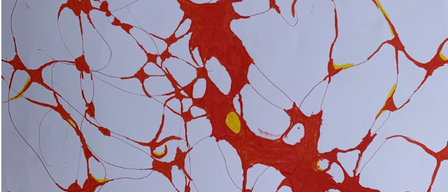 An abstract painting features intricate red and yellow patterns on a white background. The lines and shapes form a complex network, creating an engaging visual experience.