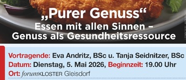 Werbung für die Veranstaltung 'Purer Genuss', die einen Teller mit gebratenem Hähnchen, Gemüse und Salat zeigt. Die Veranstaltung wird von der Stadt Gleisdorf organisiert und von Dr. Helmut Lackner und Dr. Susanne Schmidegg geleitet.