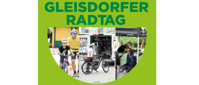 Ein Plakat für die Gleisdorfer Radtag-Veranstaltung am 12. September 2026 mit Radfahrern, einem Fahrradreparaturstand und einem Zelt. Die Veranstaltung umfasst kostenlose Fahrradchecks, eine Waschstation und einen Kinderfahrradparcours.