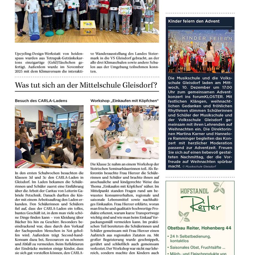 Das Dokument zeigt einen Artikel über Aktivitäten an einer Mittelschule in Gersdorf. Es enthält Bilder von Schülern, die an einem Workshop teilnehmen, Hüte kaufen und den CARLA-Laden besuchen. Der Artikel beschreibt verschiedene Schulveranstaltungen, einschließlich eines Recycling-Workshops, Hutmacherei und Besuche im CARLA-Laden. Es werden auch ein Weihnachtskonzert und ein Workshop über nachhaltigen Konsum erwähnt.