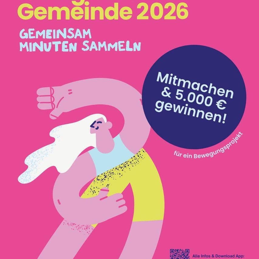 Plakat mit rosa und blauen Farben, das eine Hand und eine Person zeigt. Text lautet 'Gemeinnde 2026' und 'Gemeinsam Minuten Sammeln'. Blauer Kreis mit dem Text 'Mitmachen & 5.000 € gewinnen!'. Illustration einer Person, die ein Kind hält. QR-Code unten.