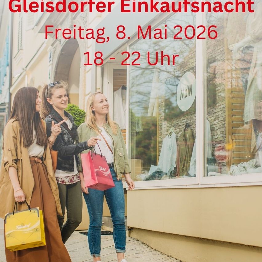 Drei Frauen vor einem Geschäft mit Einkaufstüten, der Text lautet Gleisdorfer Einkaufsnacht am Freitag, 8. Mai 2026, von 18-22 Uhr.