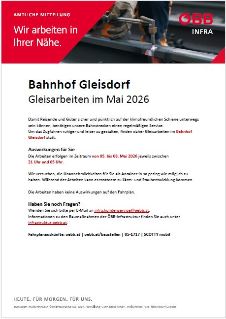 Official announcement: We work near you. Gleisarbeiten im Mai 2026. Gleisarbeiten at Gleisdorf station. May 2026, from 05-08, between 21:00 and 05:00. Contact: infra.kundenservice@oeb.at.