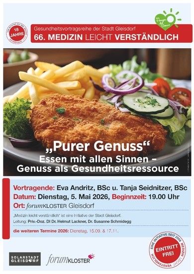 Ein Plakat für die 66. Reihe der Gesundheitsvorträge der Stadt Gleisdorf. Das Event mit Eva Andritz und Tanja Seidlnitzner findet am 5. Mai 2026 um 19:00 Uhr im forumKloster Gleisdorf statt.