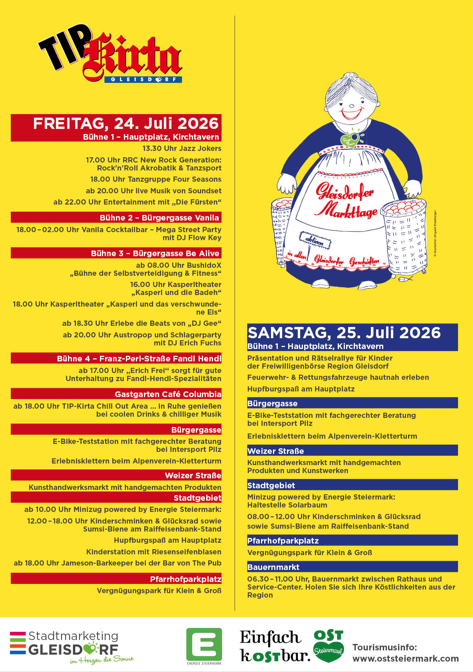 Ein gelbes Plakat, das Veranstaltungen für TIP-KirTa in Gleisdorf am 24. und 25. Juli 2026 ankündigt. Es listet verschiedene Aktivitäten wie Musikauftritte, ein Kinderfest und einen Handwerksmarkt auf. Das Plakat ist lebhaft mit rotem und blauem Text auf gelbem Hintergrund.