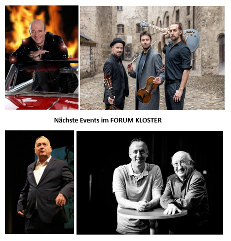 Eine Collage von Bildern mit Musikern, einer in einem Auto mit Feuerhintergrund, ein weiterer mit drei Männern, die Instrumente halten, und zwei Männer, die an einem Tisch lächeln.