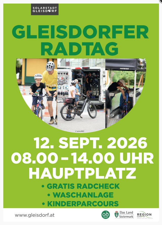 Plakat für den Gleisdorfer Radtag am 12. September 2026. Zeigt Radfahrer, eine Fahrradreparaturstation und ein Zelt. Bietet kostenlosen Fahrradcheck, Waschstation und Kinder-Hindernisparcours.