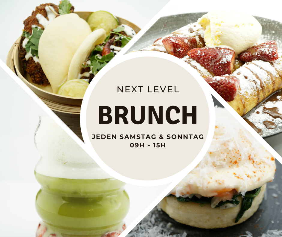 Eine Collage von Gerichten, einschließlich Tacos, einem grünen Getränk und einem Erdbeerdessert. Der Text lautet 'Next Level Brunch' mit einer Zeit von 09H bis 15H.