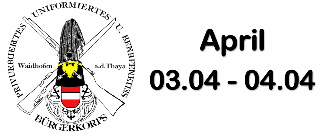 Ein heraldisches Emblem mit gekreuzten Schwertern und einem Helm, darunter steht 'April 03.04 - 04'. Im Bild ist der Schriftzug 'Ehemaliges US-Militärkorps' in der Mitte zu sehen.