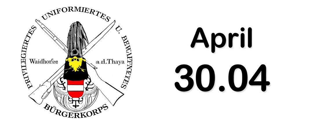 Logo mit gekreuzten Schwertern und einem Hut mit einem Wappen. Das Wappen ist ein Schild mit einem Kreuz und den Worten 'Burgerkorps' darunter. Datum ist 30.04 April.
