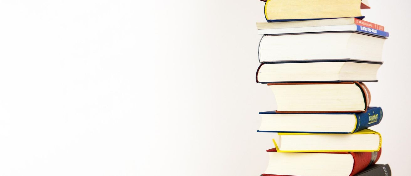 Ein vertikaler Stapel von Büchern mit farbenfrohen Buchrücken vor weißem Hintergrund.