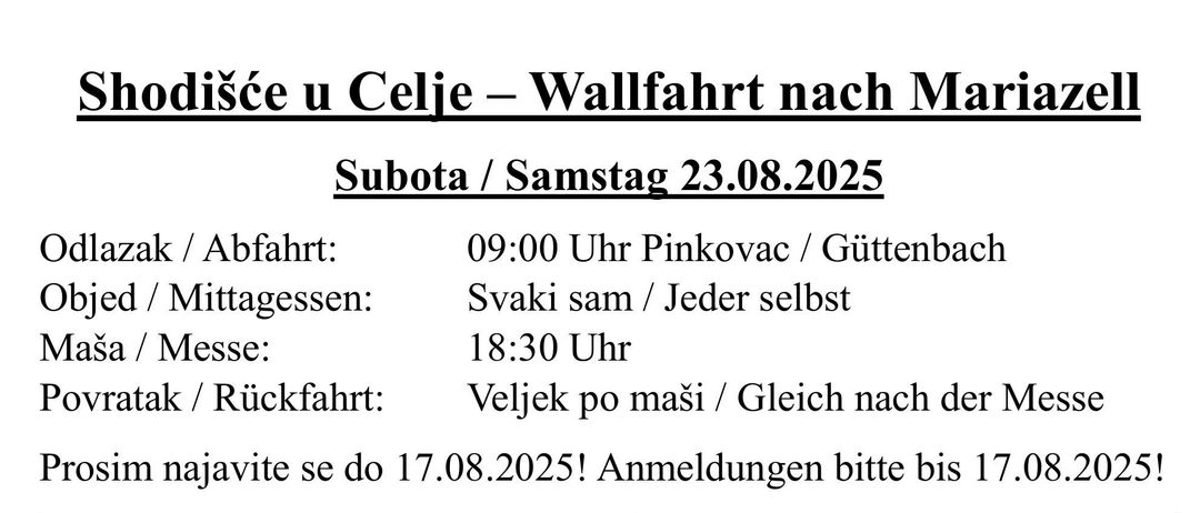 Zeitplan für eine Zusammenkunft. Abfahrt um 9:00 Uhr, Mittagessen jeder für sich. Mahlzeit um 18:30 Uhr. Anmeldung bis 17.08.2025! Liste von Namen und Adressen.