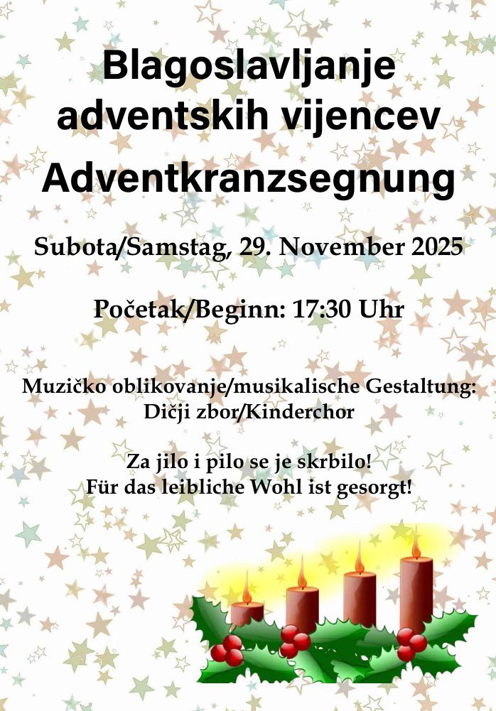 Plakat für die Adventkranzsegnung am Samstag, 29. November 2025. Beginn um 17:30 Uhr. Mit Musik, Kinderchor und Kerzen.