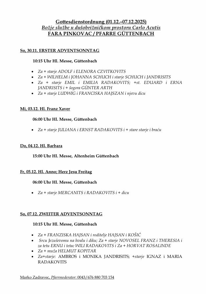 Dokument mit Adventssonntagsmesse-Zeitplänen für November und Dezember 2011. Der 30. November, 3., 4., 5., 7. und 12. Dezember sind mit Zeiten und Namen der Zelebranten aufgeführt. Messdetails werden für verschiedene Daten und Zeiten angegeben.