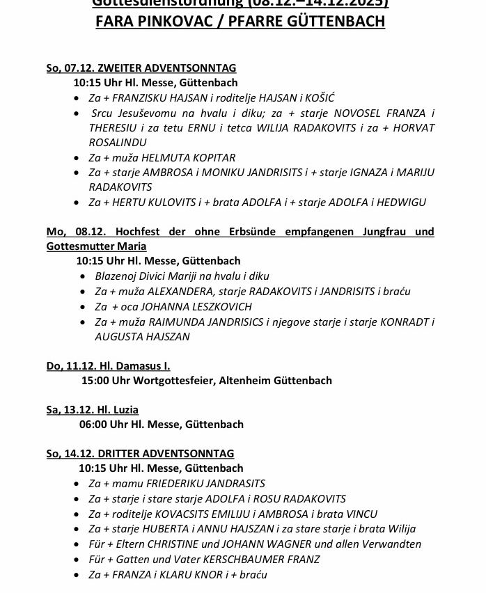 Dokument listet Gottesdienste in Gutenbach vom 7. bis 14. Dezember auf, einschließlich des zweiten Adventssonntags, des Festes der Unbefleckten Empfängnis, des Hl. Damasus und des dritten Adventssonntags mit genauen Zeiten und Teilnehmern.