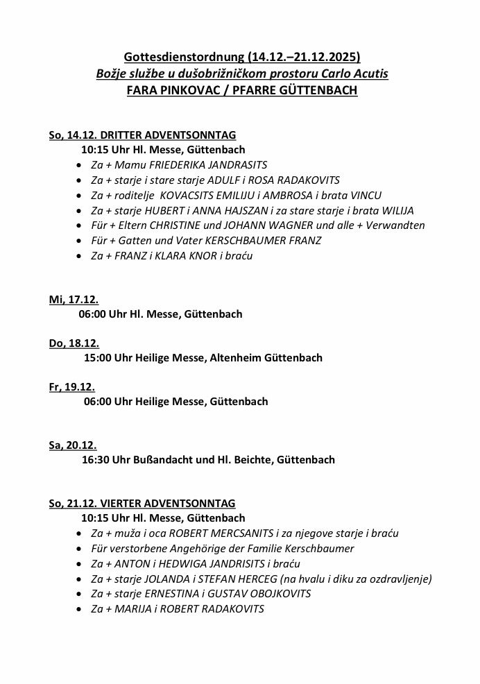 Das Bild listet die Adventsonntagsmessen in Fara Pinkovac/Pfarre Guttenbach auf. Es zeigt Messen am 14., 17., 18., 19. und 20. Dezember 2021. Jeder Tag hat eine bestimmte Zeit und Widmung.