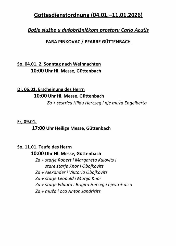 Das Bild zeigt einen Zeitplan für religiöse Veranstaltungen. Am 4. Januar gibt es eine Messe um 10:00 Uhr. Am 6. Januar gibt es eine Messe um 10:00 Uhr mit besonderen Gästen. Am 9. Januar gibt es eine Heilige Messe um 17:00 Uhr. Am 11. Januar gibt es eine Taufe um 10:00 Uhr mit aufgeführten Paten.