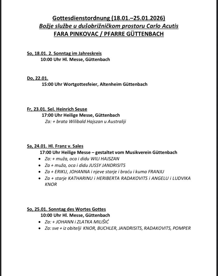 Veranstaltungskalender mit Fara Pinkovac und Pfarre Gutenbach. Beinhaltet Termine, Uhrzeiten und Details für Messen, Konzerte und Sonntag des Wortes Gottes.