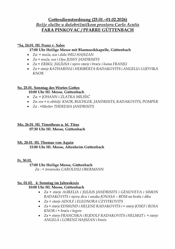 Zeitplan für Messen in Guttenbach an verschiedenen Terminen. Am Samstag, 24.01., gibt es eine Messe um 17:00 mit Blasmusikkapelle. Weitere Messen an verschiedenen Tagen umfassen Gottesdienste um 10:00, 07:30, 15:00 und 17:00 mit verschiedenen Teilnehmern.