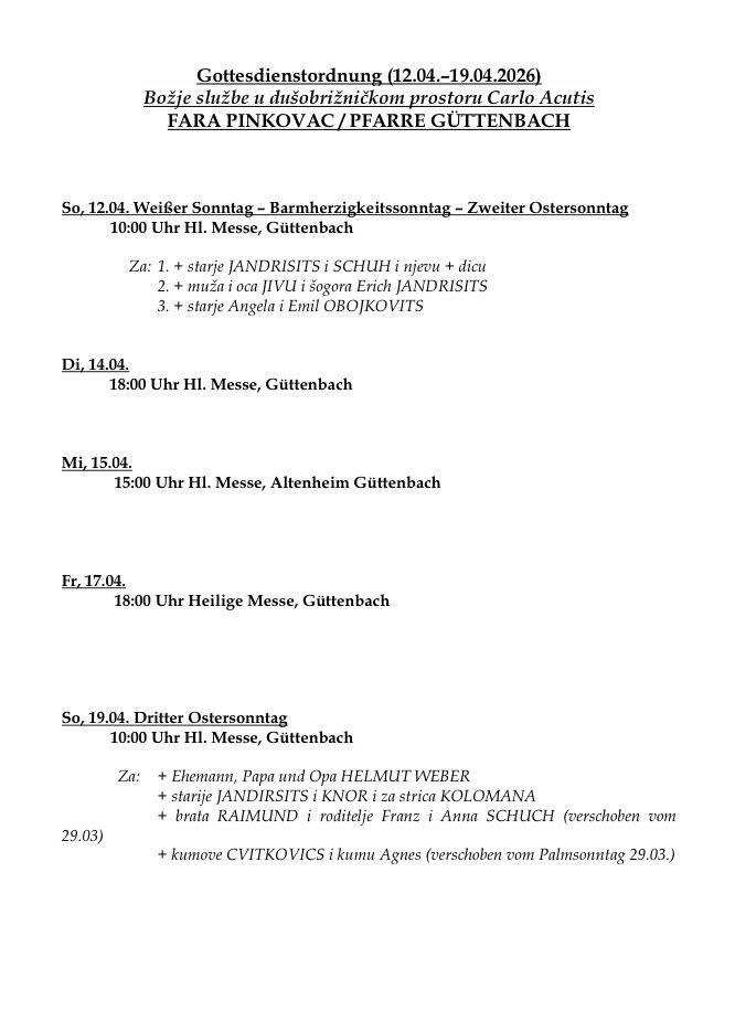 Document lists Easter Sunday mass times at Guttenbach, including dates and names of attendees. The first mass is on April 12 at 10:00 AM. The following days have masses at 6:00 PM and 3:00 PM. On April 17, there is a Holy Mass at 6:00 PM. On April 19, the third Easter Sunday, there is a mass at 10:00 AM.