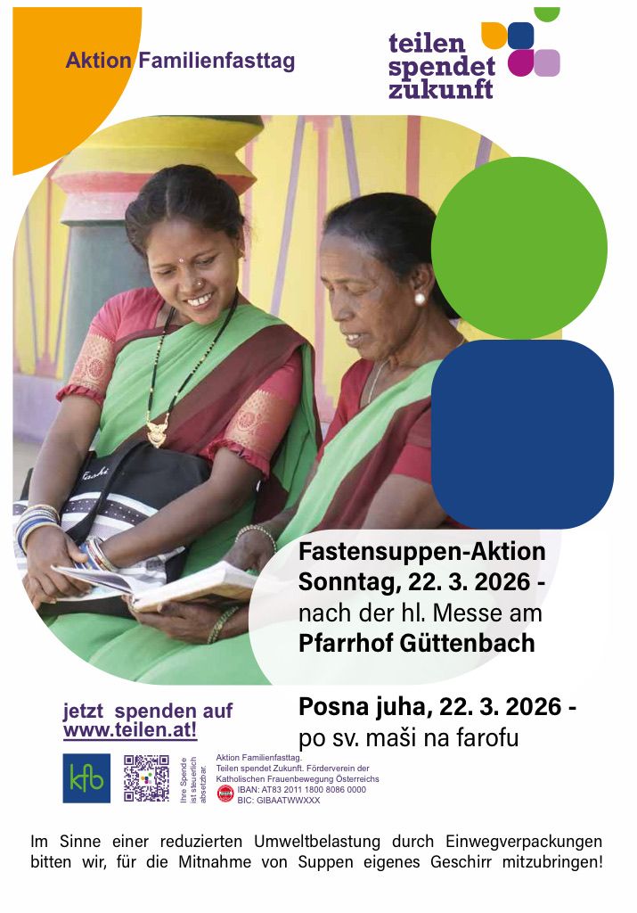 Zwei Frauen sitzen zusammen und lesen ein Buch. Eine trägt ein grünes Sari und eine Halskette. Ein Textüberlagerung kündigt eine Fastenaktion am 22. März 2026 an.