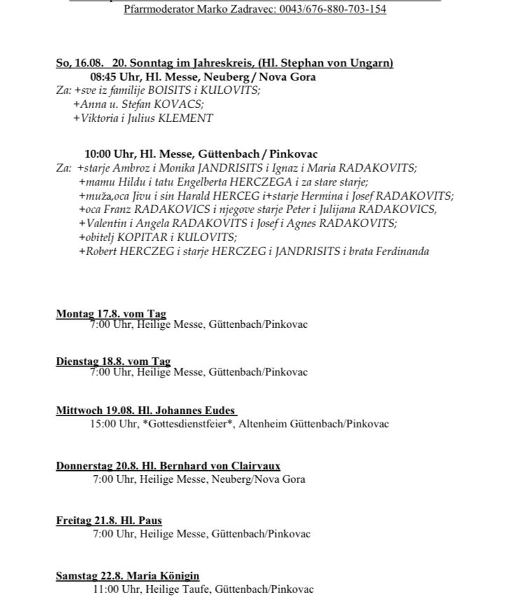 Eine weiße Seite mit einem Zeitplan für religiöse Dienste auf Deutsch, einschließlich Datum, Uhrzeit und Orten. Es listet Messen, Dienste und Namen von Personen auf.