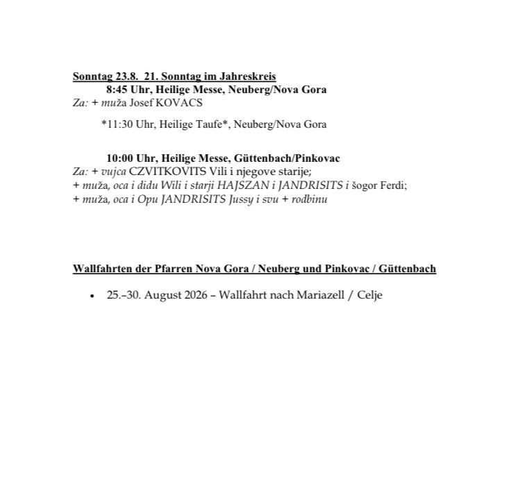 Ein Dokument mit einem Zeitplan für religiöse Dienste auf Deutsch, einschließlich Zeiten und Orten. Der Text erwähnt auch eine Pilgerreise nach Mariazell/Celje.