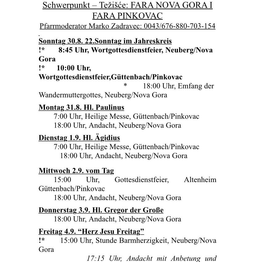 Ein Zeitplan für religiöse Dienste an verschiedenen Orten, einschließlich Neuberg/Nova Gora und Guttenbach/Pinkovac, mit Zeiten und Aktivitäten für verschiedene Tage.